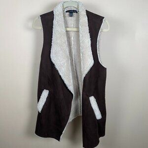 French Laundry | Dark Brown Faux Suede Fleece Lined Open Draped Front Vest